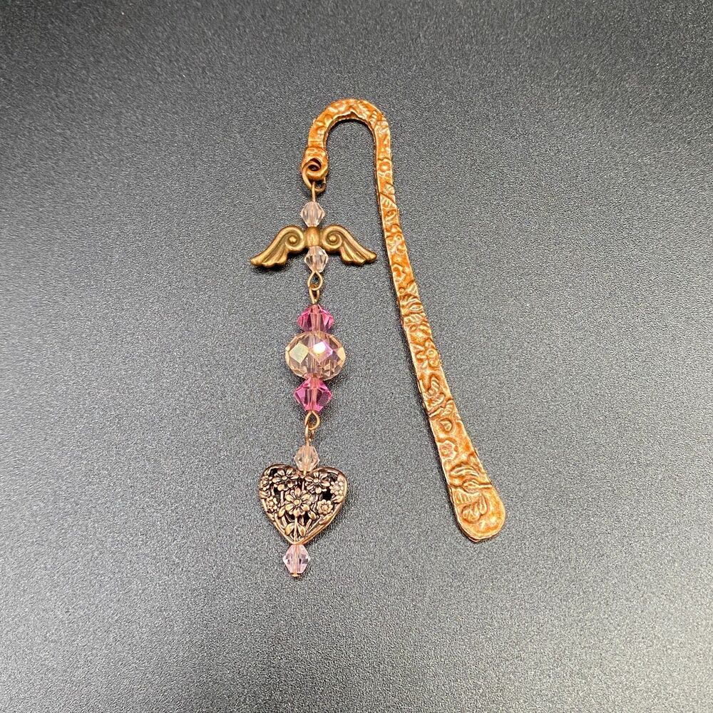 Handmade Copper Tone Heart & Wings Pink Crystal Beaded Bookmark by Neanie-Bot